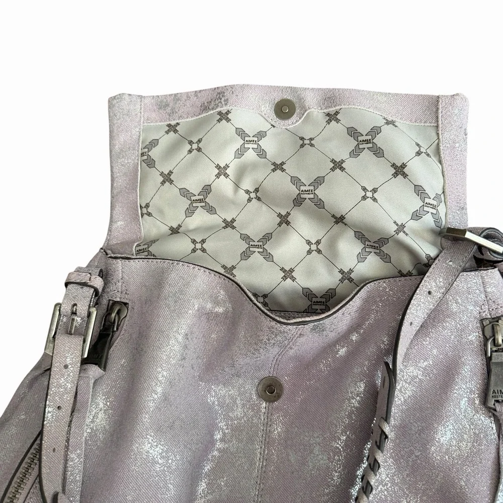 Aimee Kestenberg Bali Hobo Bag Purse Double Entry Lamb Leather Lavender Denim
